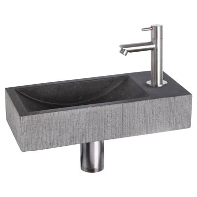 Fonteinset Differnz Ribble Natuursteen 38x18x8 cm Zwart Met Rechte Kraan Mat Chroom Differnz