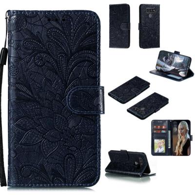 Voor LG K51S Lace Flower Horizontale Flip Lederen kast met Holder & Card Slots & Wallet & Photo Frame(Donkerblauw)