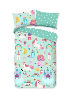 Good Morning Ledikant babydekbedovertrek "eenhoorn, prinses, regenboog" - Mint - (100x135 cm) - Katoen