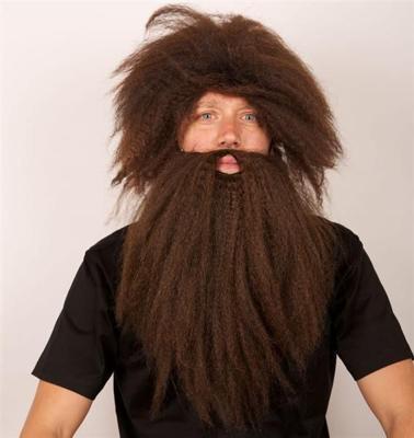 Pruik Holbewoner + baard bruin