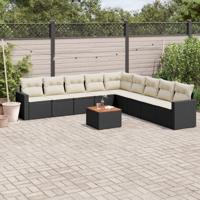 10-delige Loungeset met kussens poly rattan zwart - thumbnail