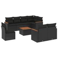 9-delige Loungeset met kussens poly rattan zwart - thumbnail