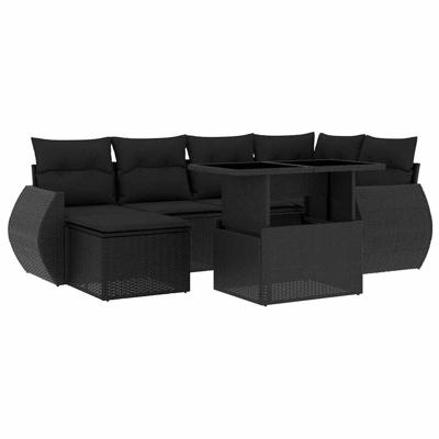 7-delige Loungeset met kussens poly rattan zwart - thumbnail