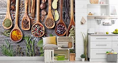 Fotobehang - Kruiden en specerijen op een plank, keuken, 11 maten, inclusief behanglijm