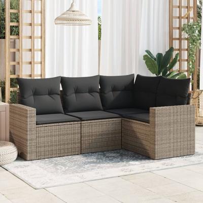 4-delige Loungeset met kussens poly rattan grijs - thumbnail
