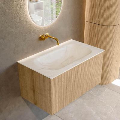 Mondiaz KURVE-DLUX 80 cm Onderkast Greeploos 1 Lade Zonder Deuren Oak, Wastafel Solid Surface Volledig Ostra 0 Kraangaten Zonder Spiegel (KRVBGS801L0D0KM-Oak/Ost)