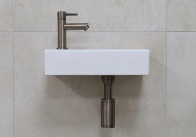 Mueller Mini Rhea 36x18x9cm fonteinset mat wit met oud ijzerkleurige kraan links Mueller Mini Rhea 36x18x9cm fonteinset mat wit met oud ijzerkleurige kraan links