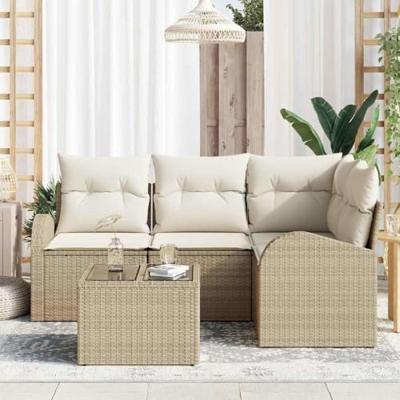 Tuinbankenset met kussen 5 pcs Beige en Wit poly rattan