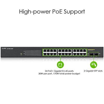 Zyxel 24-poorts Gigabit PoE-switch |Smart managed| Rekmontage |24 PoE+-poorten met 170 Watt totaal vermogen en 2 SFP-poorten| VLAN, IGMP, QoS| Levenslange garantie [GS1900-24HPv2]