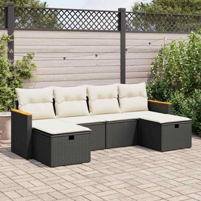 6-delige Loungeset met kussens poly rattan zwart