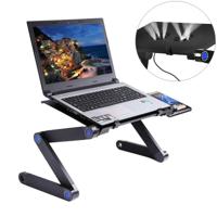Draagbare 360 graden verstelbaar opvouwbaar aluminiumlegering bureaustandaard met dubbele CPU Fans & muismat voor Laptop / Notebook (zwart) - thumbnail