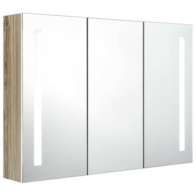 Badkamerkast met spiegel en LED 89x14x62 cm wit en eikenkleurig