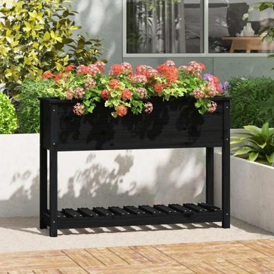 VidaXL Plantenbak met schap 111,5x34,5x81 cm massief grenenhout zwart