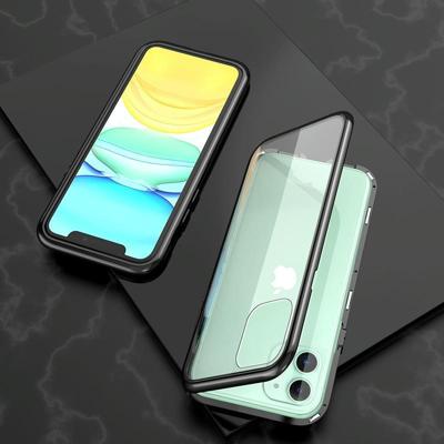 Voor iPhone 11 Ultra Slim Single Sides Magnetic Adsorption Angular Frame Tempered Glass Magnet Flip Case (Zwart)