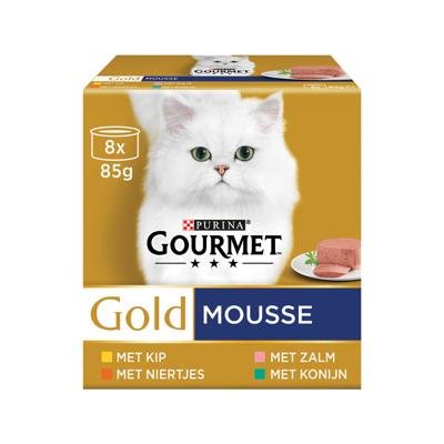 Gourmet Gold Mousse met Kip, Zalm, Niertjes en Konijn natvoer kat 8 x 85 gr
