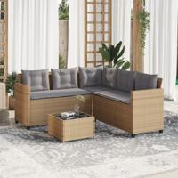 Tuinbank met tafel en kussens L-vormig poly rattan beige - thumbnail