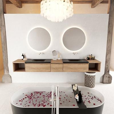 MONDIAZ BUKLA 280cm badmeubel met open module 40 L+R kleur Washed Oak met 3 lades. Wastafel CLOUD dubbel 0 kraangaten kleur Urban.