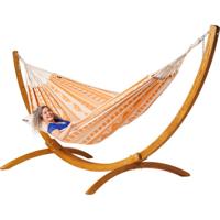 Eenpersoons hangmat met houten standaard - 300x140cm - OranjeRoze - 120kg draagkracht- 100% katoen - binnen & buiten - thumbnail