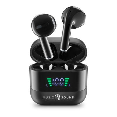 Music Sound, Spark TWS Hoofdtelefoon, Bluetooth, draadloos, led-display, 30 uur afspelen, automatische koppeling, touch-bediening op de oordopjes, zwart