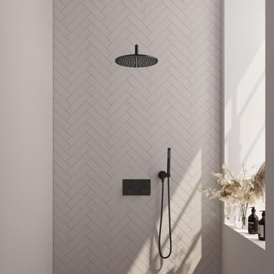 Brauer Black Carving Thermostatische Regendoucheset Inbouw - Hoofddouche 30 cm - Gebogen Wandarm - Met Drukknoppen - Handdouche Staaf - Doucheslang - Wandaansluitbocht - Mat Zwart