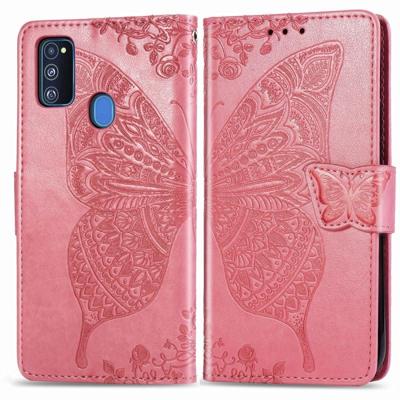 Voor Galaxy M30s Butterfly Love Flower reliëf horizontale Flip lederen draagtas met beugel Lanyard Card slot portemonnee (roze)