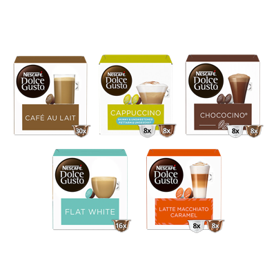 Proefpakket Dolce Gusto Koffie, Choco, Melk en Karamel - 70 kopjes Proefpakket Dolce Gusto Koffie, Choco, Melk en Karamel - 70 kopjes