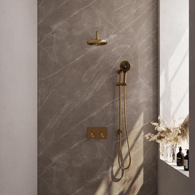Gold Edition thermostatische inbouw regendouche SET 69 - 20 cm douchekop, gebogen muurarm, 3-standen handdouche, duurzame goud geborstelde PVD afwerking Gold Edition thermostatische inbouw regendouche SET 69 - 20 cm douchekop, gebogen muurarm, 3-standen handdouche, duurzame goud geborstelde PVD afwerking