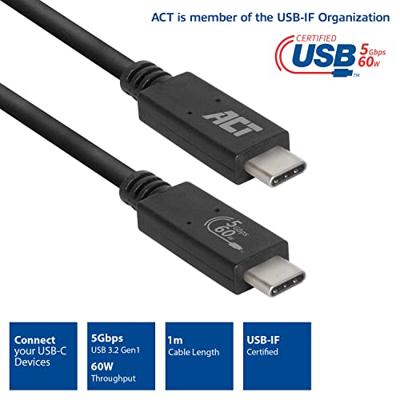 ACT USB-C 60W USB-IF Certified M/M 1m - thumbnail
