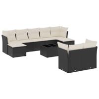9-delige Loungeset met kussens poly rattan zwart - thumbnail