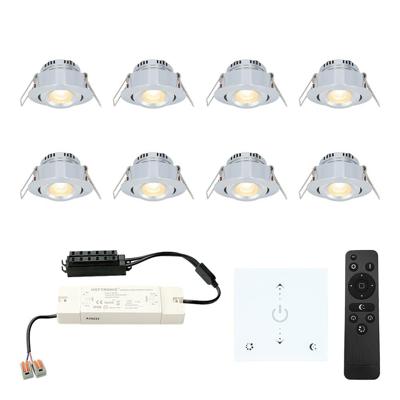 Set van 8 Granada LED Mini Inbouwspots met trafo en muurdimmer - 12 Volt 3 Watt 200 lumen - Dimbaar - Kantelbaar - Plat 35mm - 2700K - IP44 - RVS
