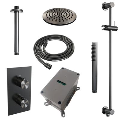 BRAUER Gunmetal Edition thermostatische inbouw regendouche 3-weg omstelling SET 41 met 20 cm douchekop en plafondarm en staaf handdouche en doucheslang en geïntegreerde glijstang gunmetal geborsteld PVD