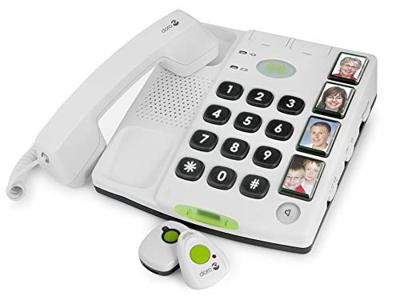 Doro Secure 347 snoergebonden grote toetstelefoon met 4 directe keuzetoetsen incl. 2 mobiele noodwaarschuwingsarmgevers, wit