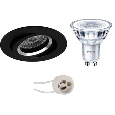 GU10 Inbouwspot Set - Mat Zwart - Inbouw Rond - Kantelbaar - Philips - CorePro 830 36D - Pragmi Aerony Pro - 3.5W - Warm Wit 3000K - Ø82mm