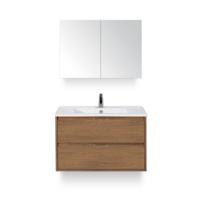 Porto Badmeubelset 90 cm - Honey - Keramische Wastafel Wit Slim - met Spiegelkast - thumbnail