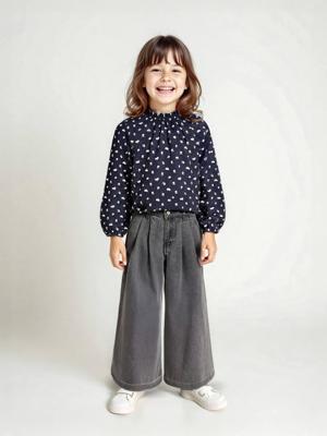 Wijde jeans met plooien voor meisjes denimgrijs