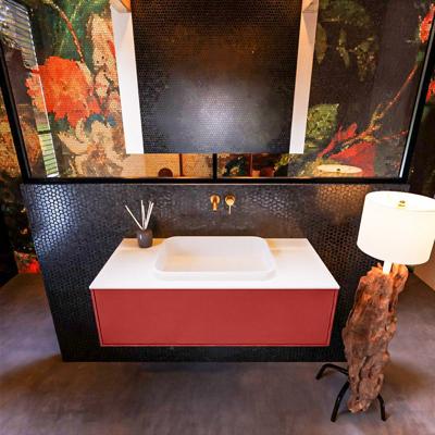 Badkamermeubelset Mondiaz Erin 100 cm met 1 Lade met RIDGE Wastafel Midden Talc Zonder Kraangaten Greeploos Mat Fire