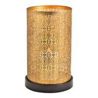 Windlicht op donkerbruin mangohouten sokkel, voet van goudkleurig metaal (B/H/D) 17x27x17 cm - thumbnail