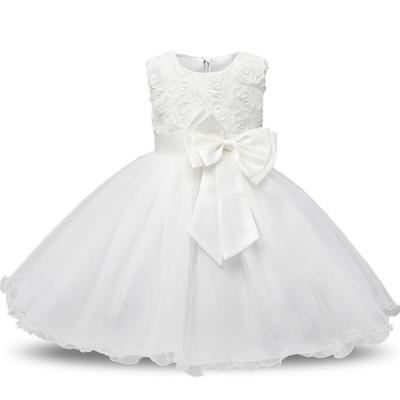 Witte meisjes mouwloos Rose Flower patroon Bow-knoop Lace Dress Toon jurk Kid grootte: 140cm