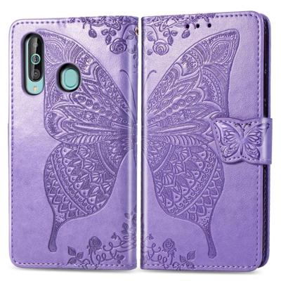 Butterfly Love bloemen reliëf horizontale Flip lederen case voor Galaxy A60 met houder & kaartsleuven & portemonnee & Lanyard (licht paars)