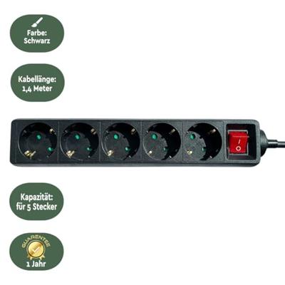 Stekkerdoos brasq 5 voudig 1.4 meter zwart