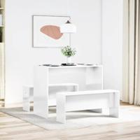 3-delige Eettafel en bankenset bewerkt hout hoogglans wit - thumbnail