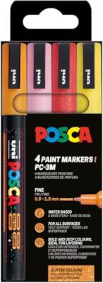 Uni POSCA paintmarker PC-3ML, 1,5 mm, glitter, etui van 4 stuks oranje, roze, rood en geel Uni POSCA paintmarker PC-3ML, 1,5 mm, glitter, etui van 4 stuks oranje, roze, rood en geel