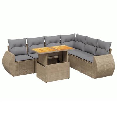 7-delige Loungeset met kussens poly rattan beige