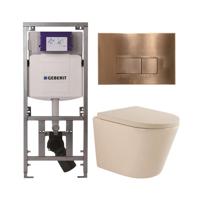 QeramiQ Dely Toiletset - 36.3x51.7cm - diepspoel - rimless - Geberit UP320 inbouwreservoir - softclose toilet zitting 35 mm - koperen bedieningsplaat - rechthoekige knoppen - mat beige SW1000764/SW1000771/0701131/SW706197 - thumbnail