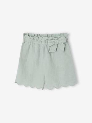 Short met ruches voor meisjes van katoenen gaas saliegroen