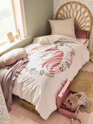 Dekbedovertrekset + kussensloop kind PETITE LICORNE, met gerecycled katoen wit, bedrukt