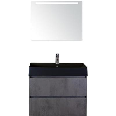 Maxx XL Badmeubelset 80 cm - Beton Antraciet - Wastafel Kube Zwart 1 Kraangat met LED Spiegel