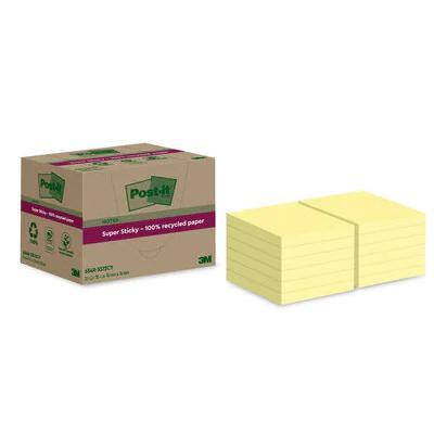 Post-it Super Sticky Notes Recycled, 70 vel, ft 76 x 76 mm, geel, pak van 12 blokken