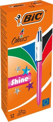 Bic Colours Shine 4-kleurenbalpen, medium, klassieke inktkleuren, lichaam metallic roze Bic Colours Shine 4-kleurenbalpen, medium, klassieke inktkleuren, lichaam metallic roze