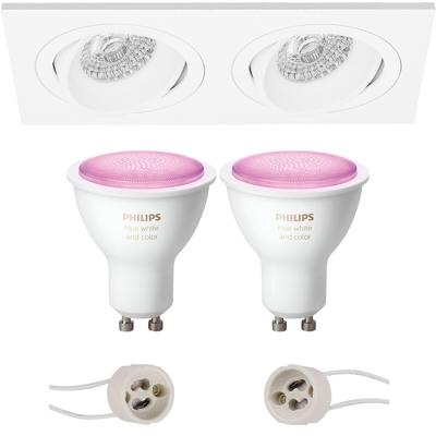 GU10 Inbouwspot Set - Mat Wit - Inbouw Rechthoek Dubbel - Kantelbaar - Philips Hue - White and Color Ambiance - Bluetooth - Pragmi Borny Pro - 175x92mm